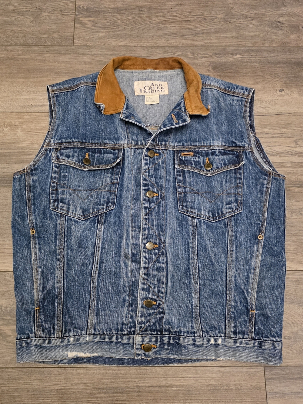 Vintage Ash Creek Trading Denim Vest with Contrast Collar - Size Large.